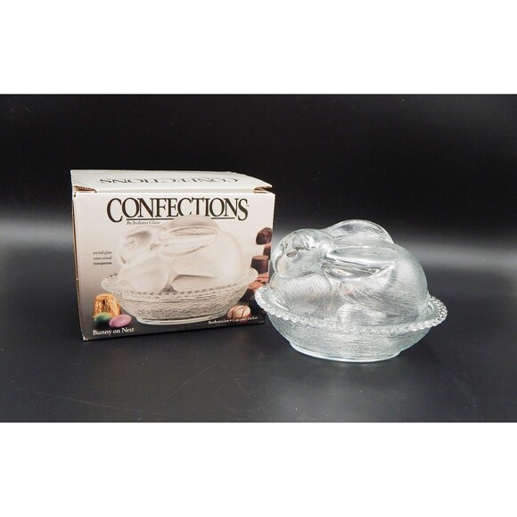 Indiana Glass Bunny On Nest Crystal Clear Candy Trinket Dish Made in USA Rabbit - Picture 1 of 11
